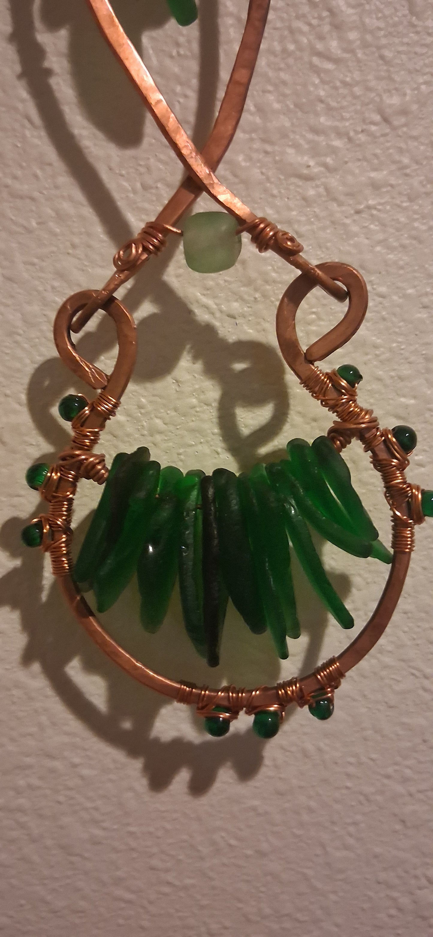Hand Forged Copper Sea Glass Suncatcher – Caribbean Green Sea Glass Hanging, "Tidal Green"