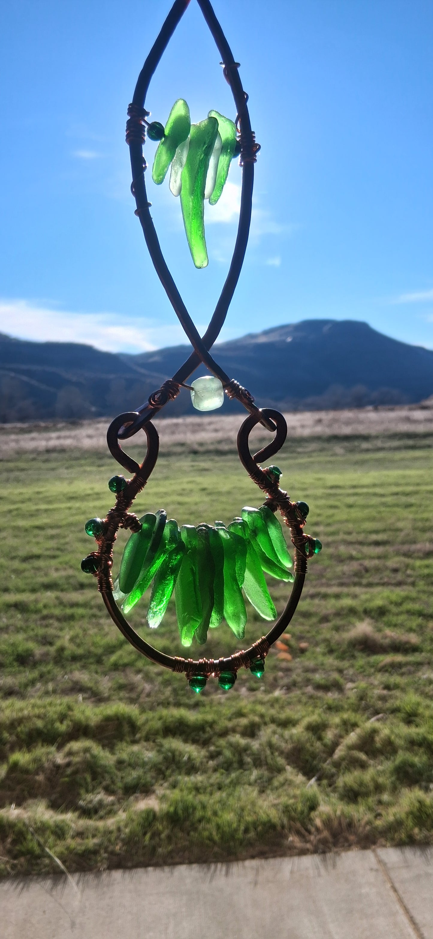 Hand Forged Copper Sea Glass Suncatcher – Caribbean Green Sea Glass Hanging, "Tidal Green"