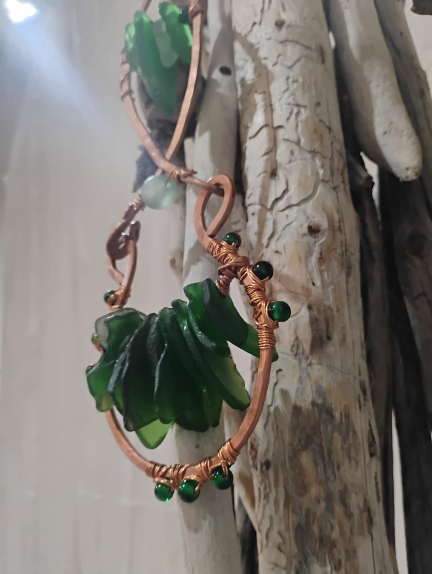 Hand Forged Copper Sea Glass Suncatcher – Caribbean Green Sea Glass Hanging, "Tidal Green"