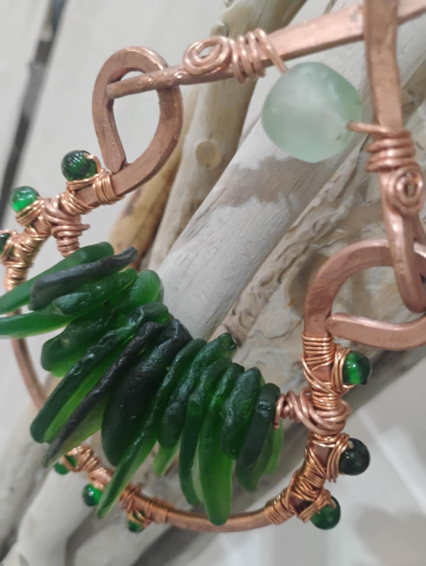 Hand Forged Copper Sea Glass Suncatcher – Caribbean Green Sea Glass Hanging, "Tidal Green"