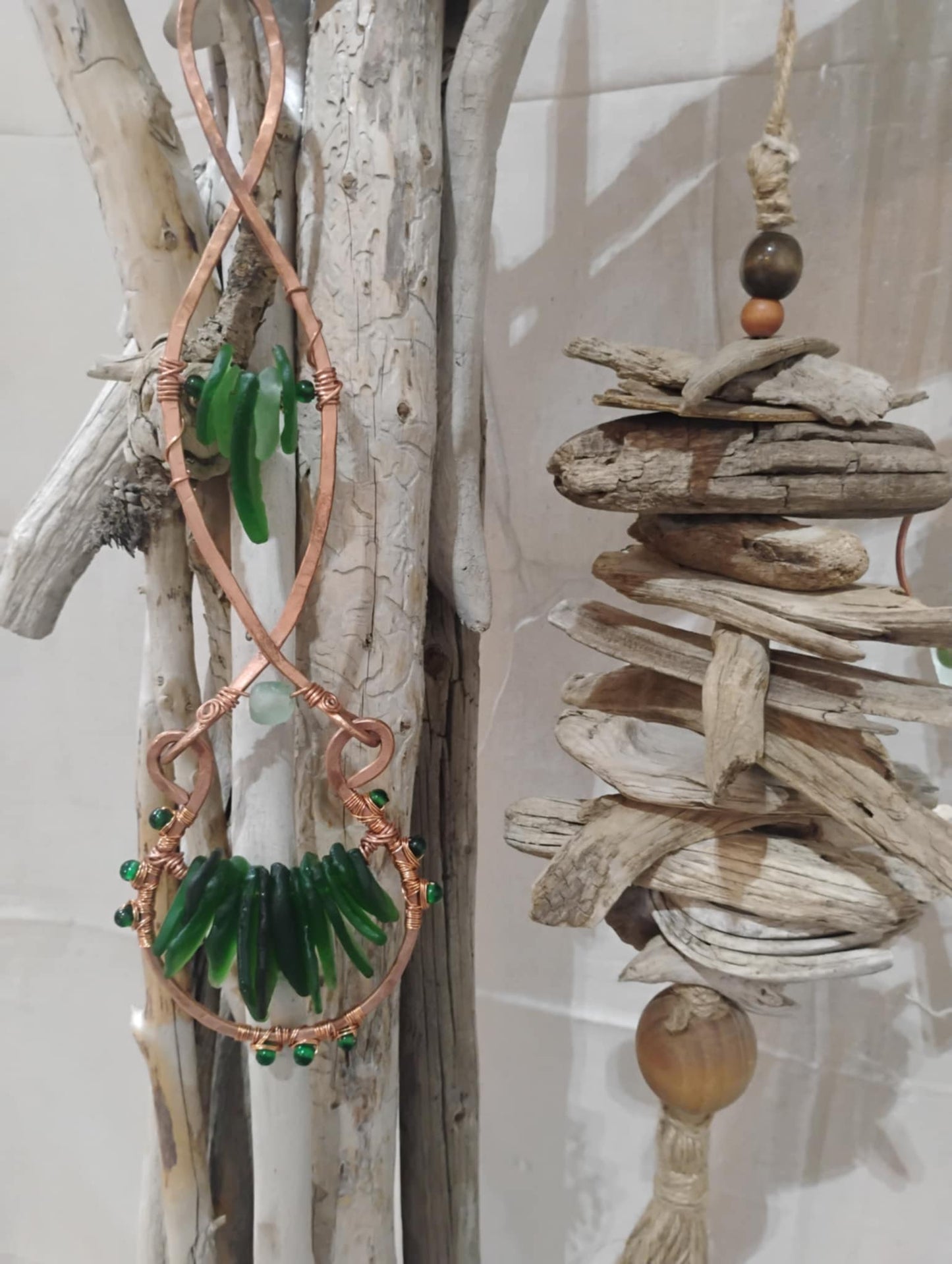 Hand Forged Copper Sea Glass Suncatcher – Caribbean Green Sea Glass Hanging, "Tidal Green"