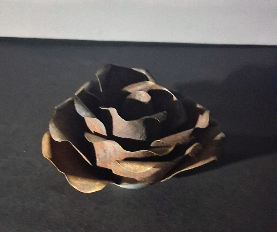Handcut Reclaimed Metal Rose Magnet – Handmade Metal Flower Sculpture with Natural Patina