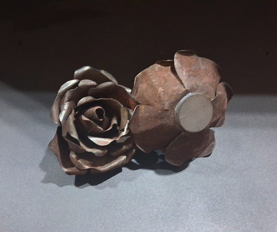 Handcut Reclaimed Metal Rose Magnet – Handmade Metal Flower Sculpture with Natural Patina