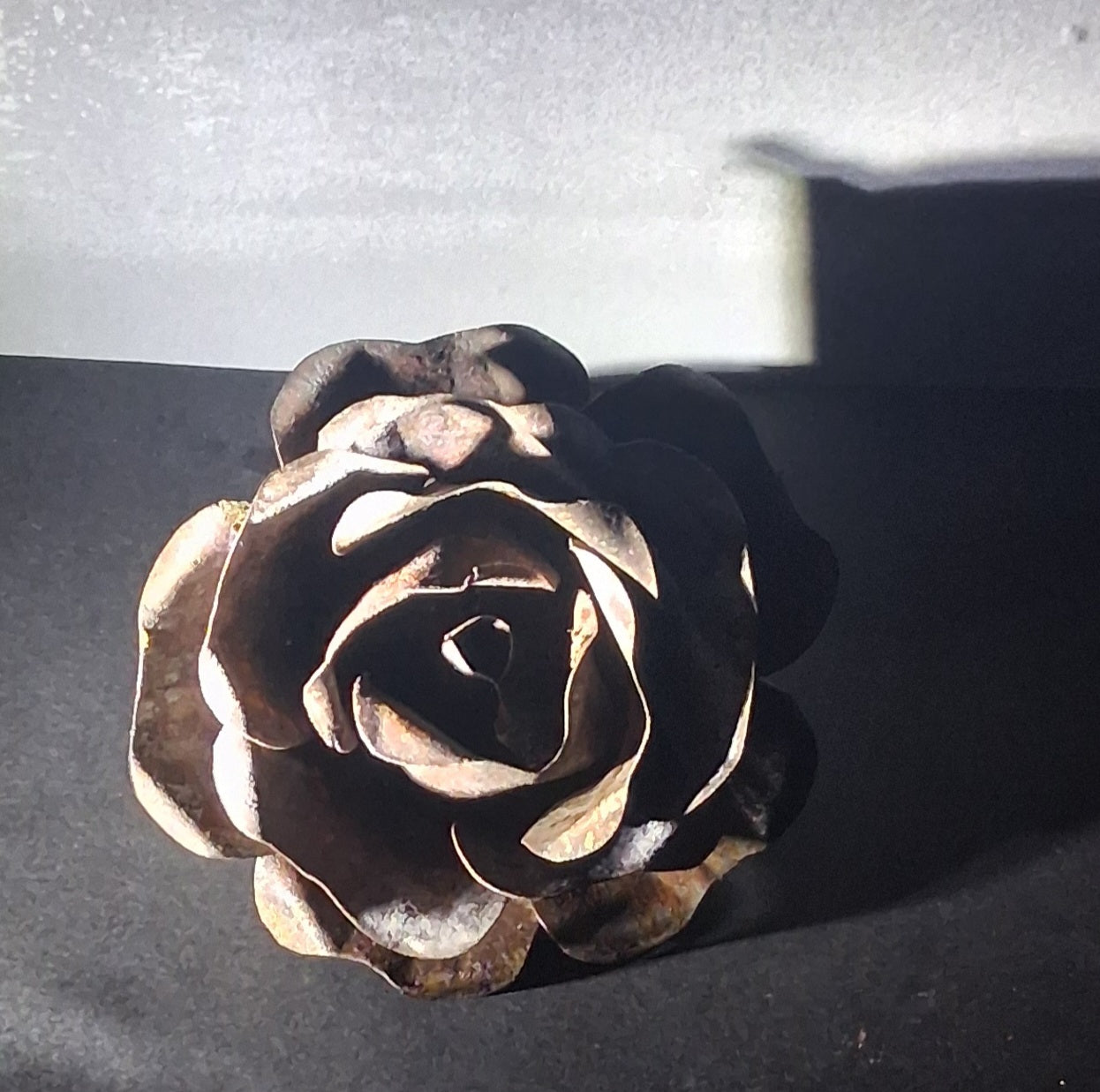 Handcut Reclaimed Metal Rose Magnet – Handmade Metal Flower Sculpture with Natural Patina